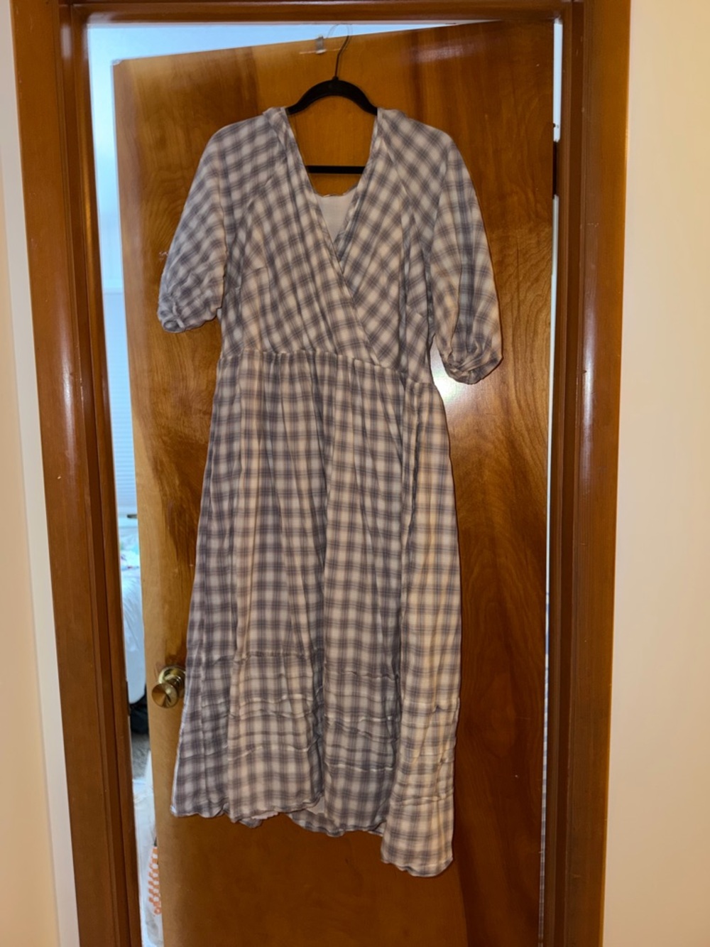 Madewell Blue, Gray, and White Plaid Wrap-Style Midi Dress